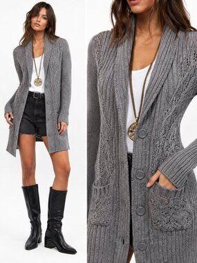 H&M Long Cardigan Alpaca Grey Shawl Collar
